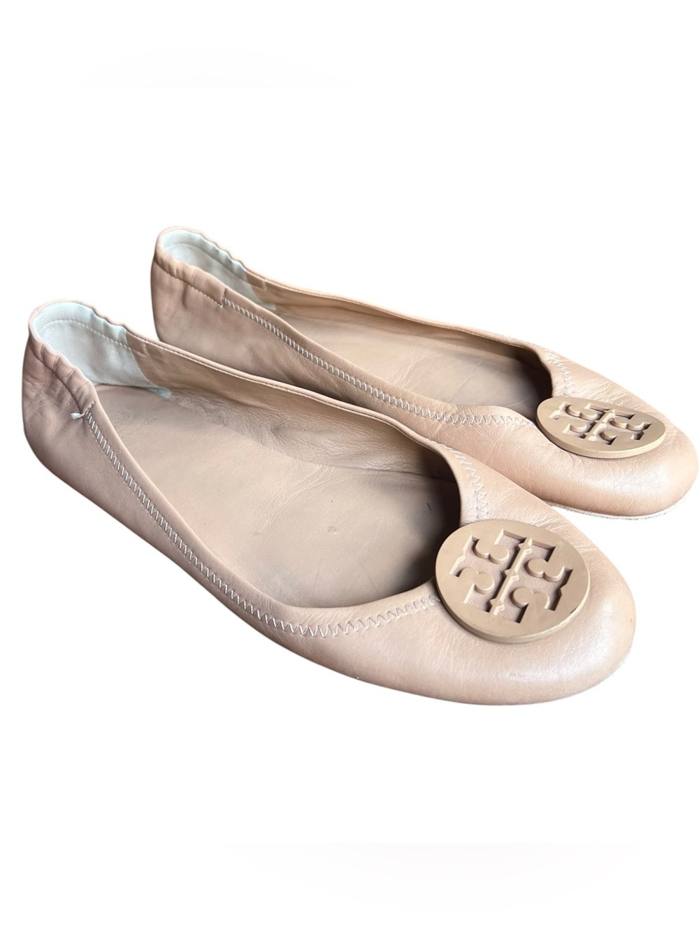 Tory Burch Blush Leather Logo Round-Toe Ballet Flats - Picture 1 of 8